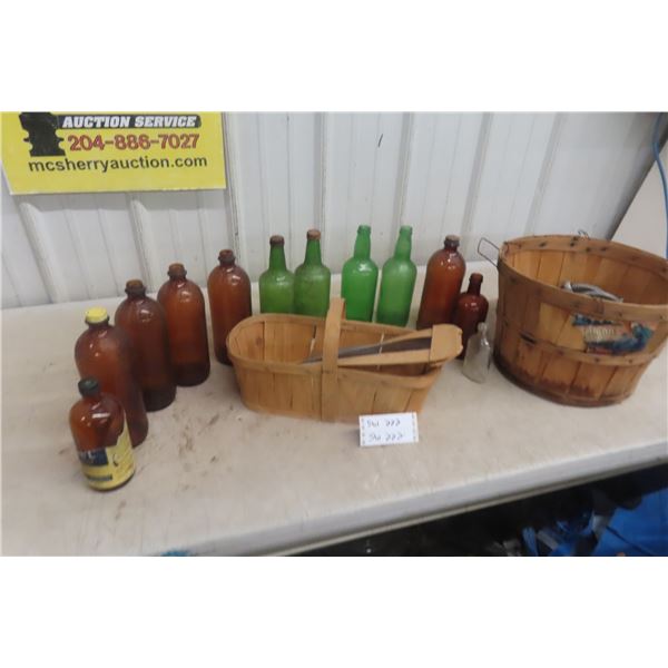 Bushell Baskets/Various Older Bottles/Clothes Line Pulley