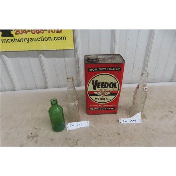 Veedol One Gallon Oil Can And 3 Glass Pop Bottles