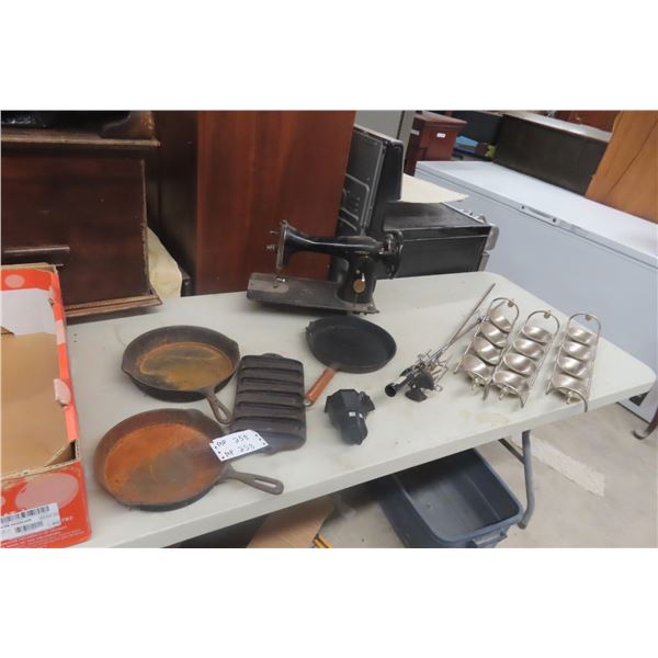 Cast Iron Frying Pans + BBQ Rotisserie + Sewing Head