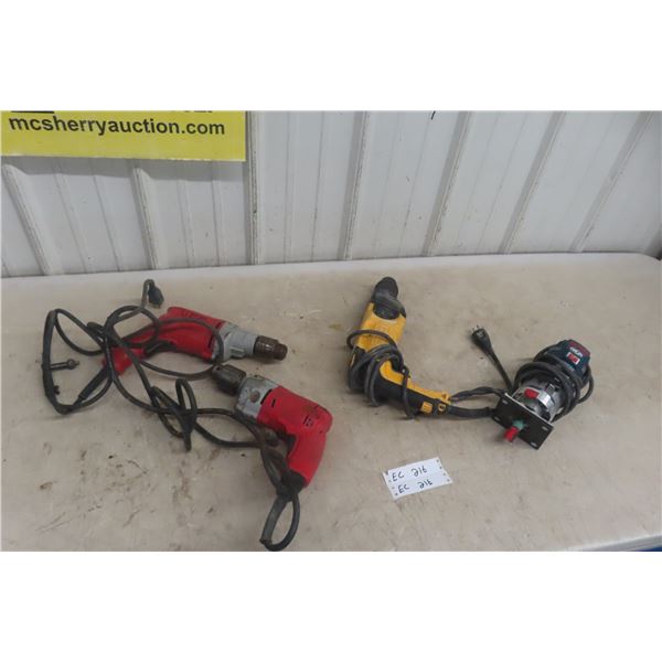 4 Power Tools: DeWalt Hammer Drill; Bosch Router; 2x Milwaukee 1/2" Drills