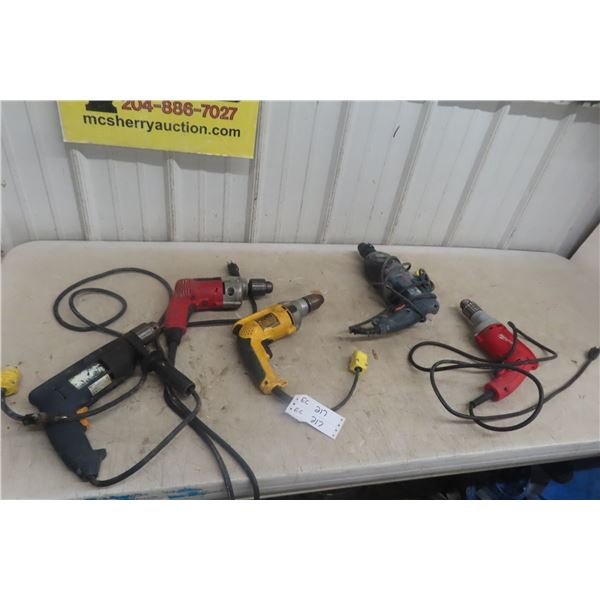 5 Power Tools: Bosch Hammer Drill; 4x 1/2" Drills (Milwaukee, DeWalt & Bosch)