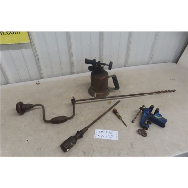 Vintage Wood Drill; Long Screwdriver; Yankee #10 Ratch Screwdriver; Sm Bench Vise; 1 Torch