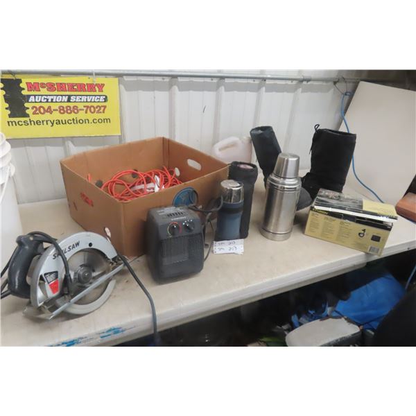 Skil Power Saw; Electric Ceramic Heater; Thermos; Solar Yard Lights, Boots, Extension Cord