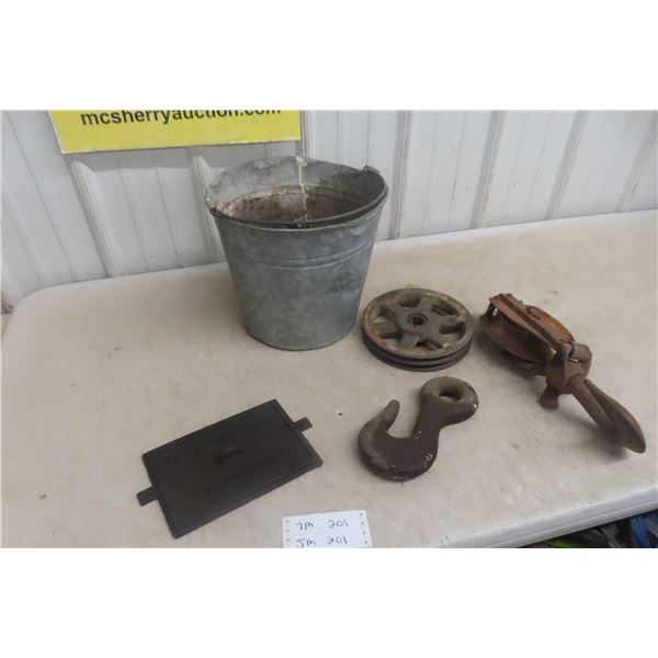 Galvanized Pail, Hooks, Wood Heater Door
