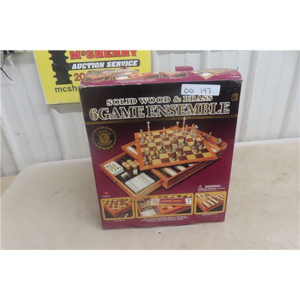 Wood & Brass Games Set — Chess, Checkers, Backgammon, Dominoes, Cribbage, Playing Cards