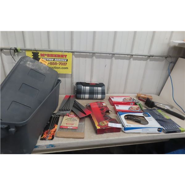 Bin w/New BBQ Accs: Griddle/Grate, Kebab Rack & Skewers, Knife Set & Cutting Board, Utensils