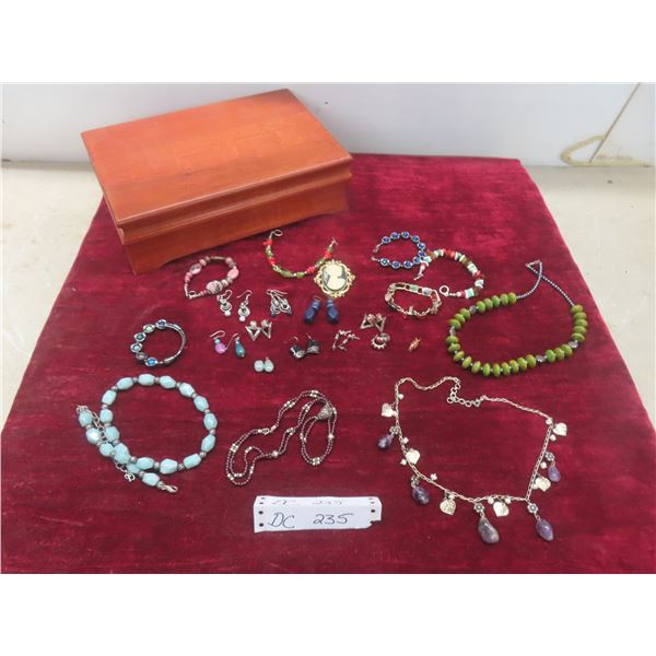 Wood Jewelry Box With Fashion Jewellery — Bracelets, Necklaces, And Earrings.