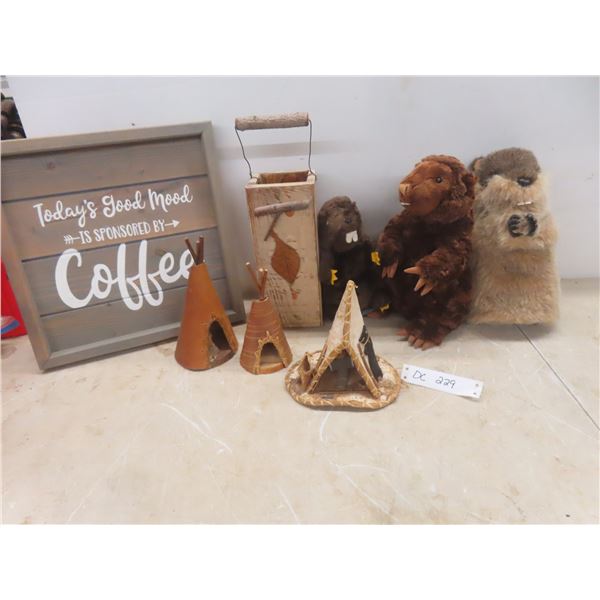 Coffee Tray; Wood Vase; 3 Older Teapots; And 3 Beaver Stuffed Toys