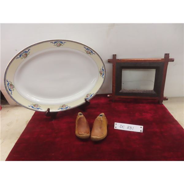 Turkey Platter With Wood Stand; An Old Frame, 11" x 9"; And Child’s Old Shoe Forms.