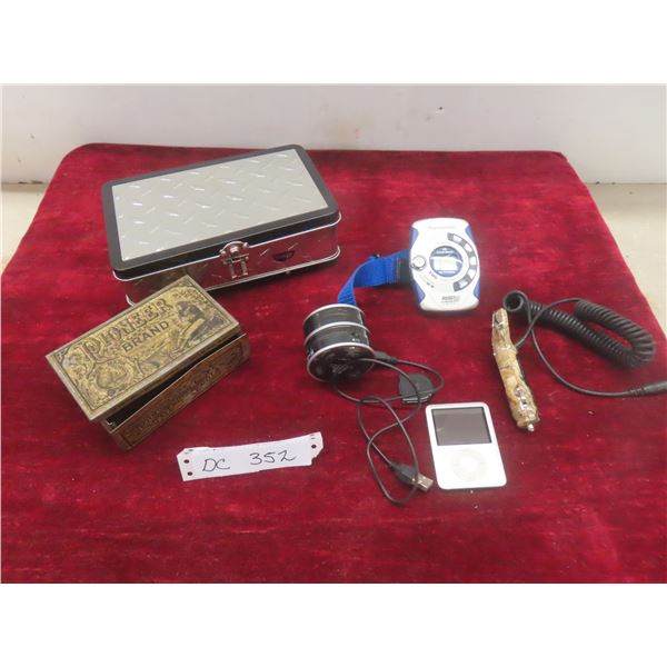 Tobacco Tin; Panasonic Shockwave Metal FM Stereo, Car Phone Charger; 4gb iPod, and More