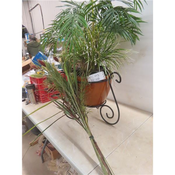 Silk Fern In Ceramic Pot With Metal Stand, Approx. 36" High with Additional Bouquet Flowers.