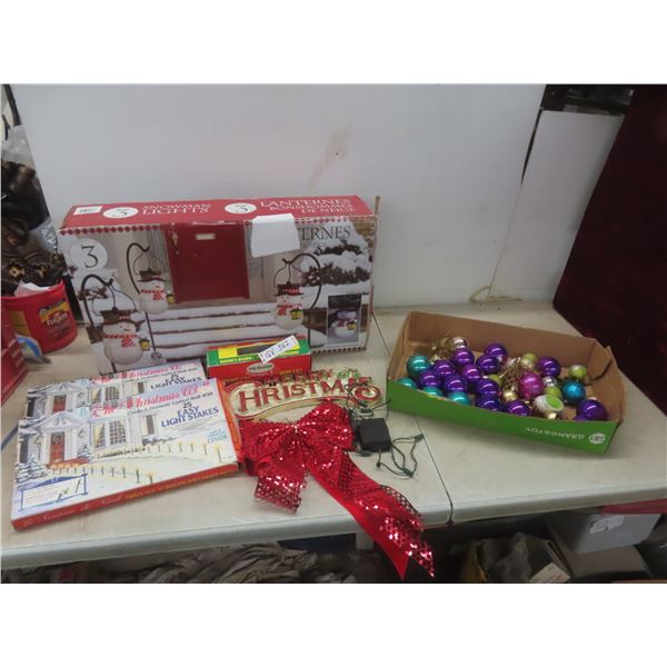 3 Snowman Lanterns, 2 Packages Of Light Stakes, Tree Ornaments and More