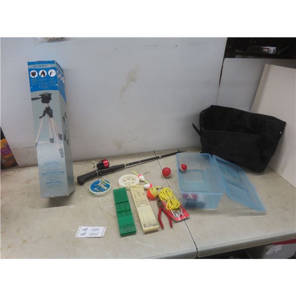 Fishing Rod With Reel, Bobbers, Lures, And An All-Purpose Tripod.