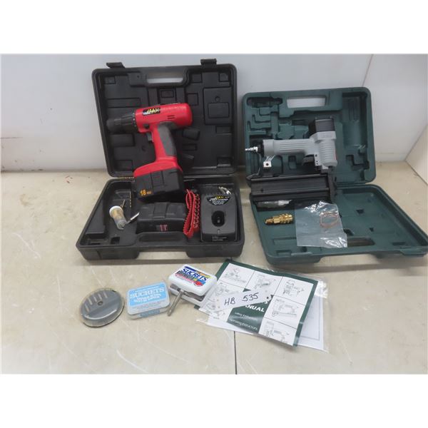 Bex Air Nailer; MAX Cordless 18V Drill With 2 Batteries, Charger, And Bits.