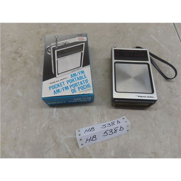 Realistic AM/FM Pocket Transistor Radio With Original Box.