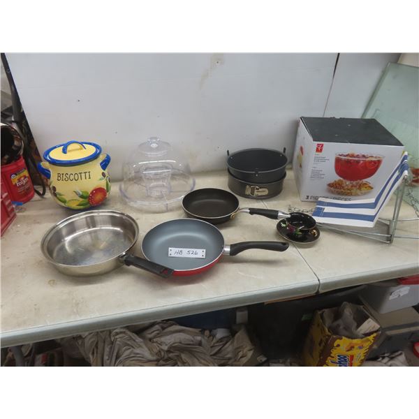 3 Fry Pans; Acrylic Cake Stand; Teacup And Saucer (Occupied Japan); Cookie Jar and More