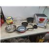 3 Fry Pans; Acrylic Cake Stand; Teacup And Saucer (Occupied Japan); Cookie Jar and More