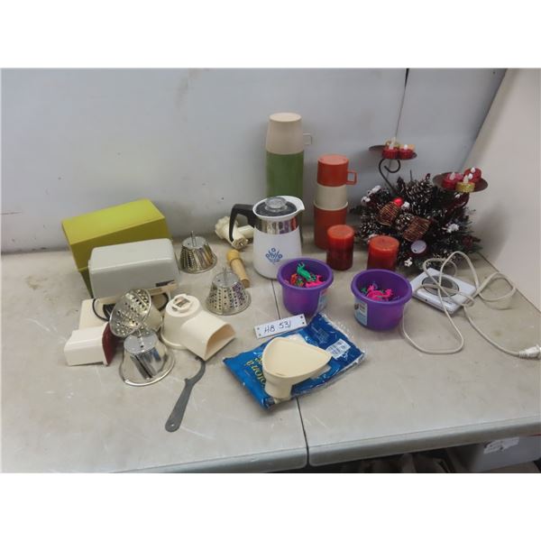 Thermos; CorningWare Teapot; Meat Grinder, Christmas Display, and More