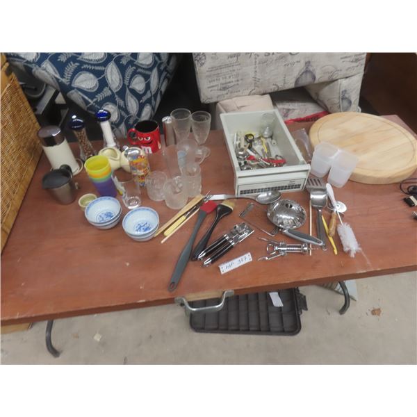 18" Wooden Cutting Board, Coffee Grinder, Salt And Pepper Shakers, Glassware, And Kitchen Utensils.