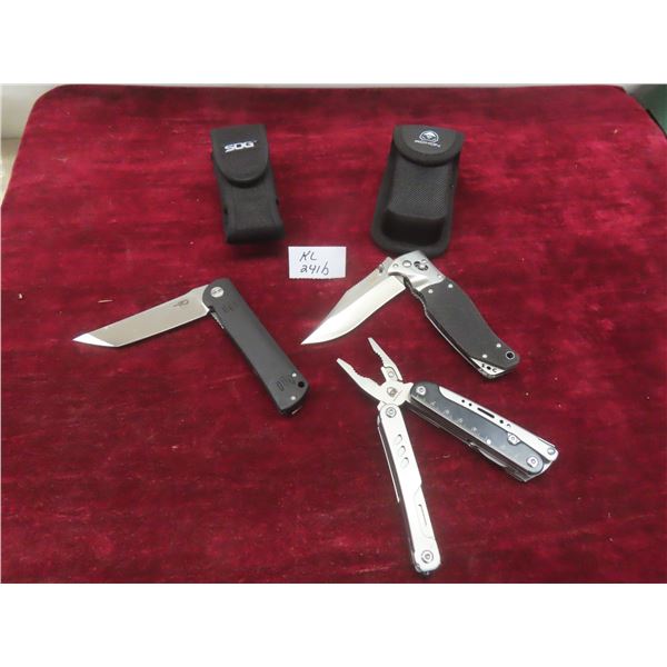 Roxon Multi-Tool; SOG Tomcat 3, 3 3/4" VG-10 Folding Knife; Kendo G-10 Tanto Knife