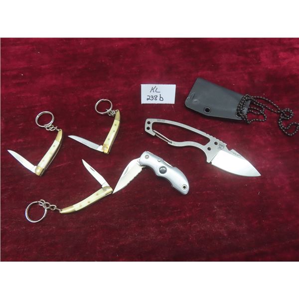 5 Pocket Knives: Ideal Hiker Fixed Blade; Bacon II Red Folder; 3 Keychain Minis, Bone/MOP Handles