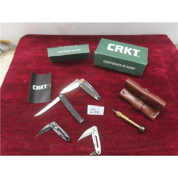 4 CRKT Folding Knives And A CRKT Travel Screwdriver With Driver Bits.