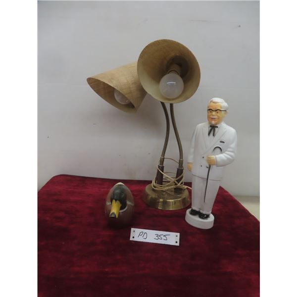 Vintage Desk Lamp; Wood Duck; And Colonel Sanders Plastic Bank.