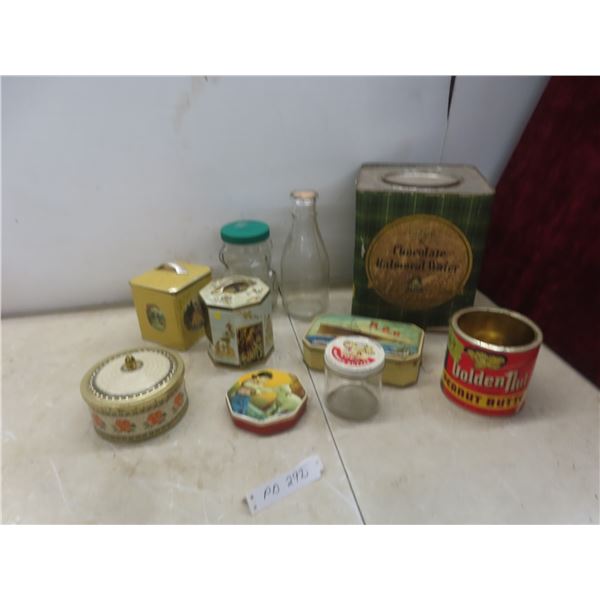 Vintage Candy And Biscuit Tins; Peanut Butter Glass Jar; And Milk Bottle.