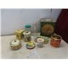 Vintage Candy And Biscuit Tins; Peanut Butter Glass Jar; And Milk Bottle.