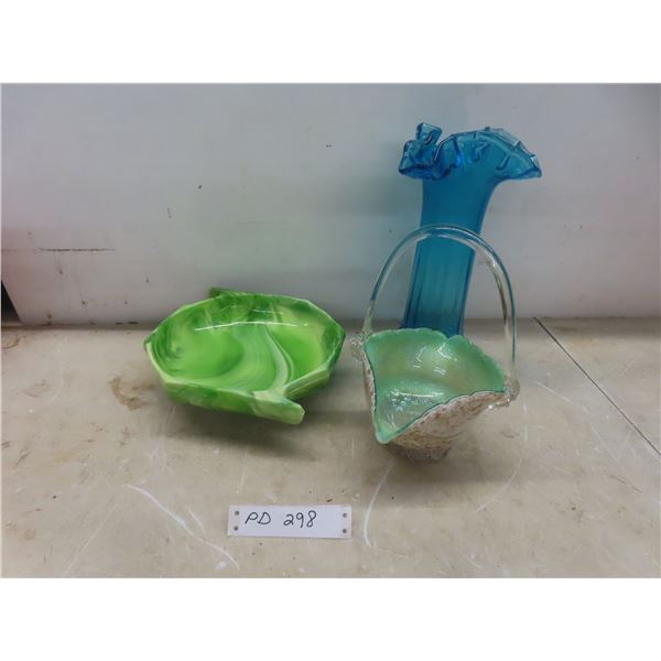 Hand-Blown Glass Vase; Art-Glass Basket And Bowl.