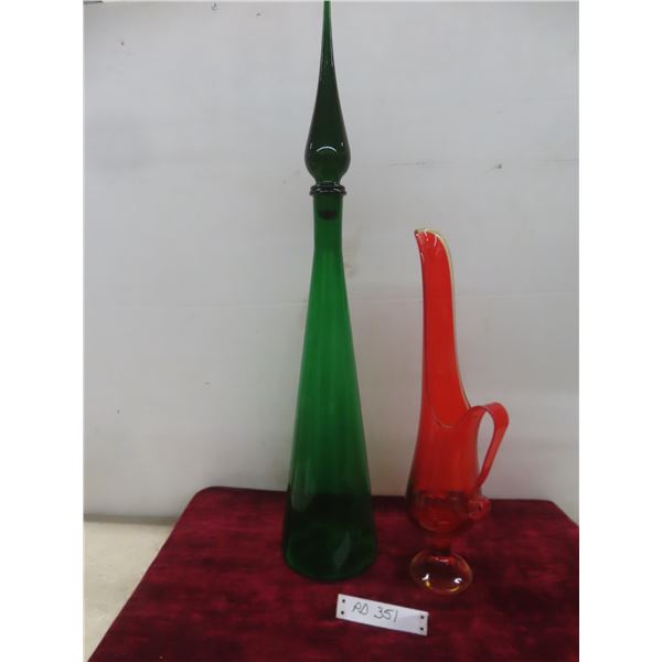 Vintage Emerald-Green Genie-Bottle Decanter And Amberina Stretch Art-Glass Pitcher.