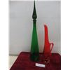 Vintage Emerald-Green Genie-Bottle Decanter And Amberina Stretch Art-Glass Pitcher.