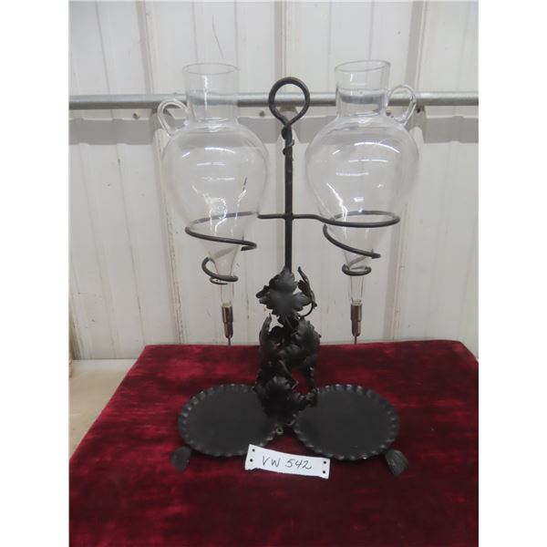 Vintage Wrought-Iron Etched-Glass Double Wine Aerator/Dispenser/Decanter.