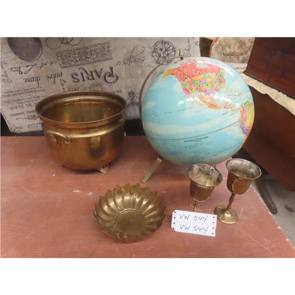 Brass Planter, Goblets, Candy Dish, And A World Globe.