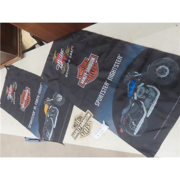 2 Double-Sided Miller/Harley-Davidson Banners, 37  x 18 , And A Harley Crest