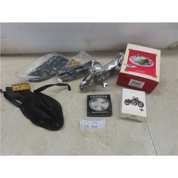 3 Leather Skull Caps (New Vintage), Harley-Davidson Christmas Ornaments, Choppers Belt Buckle