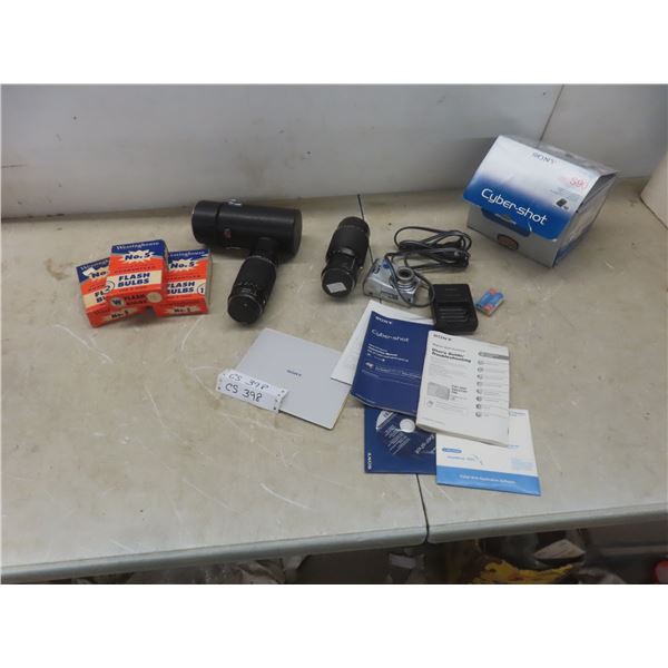 Sony Cyber-Shot Digital Camera With Charger And Manual; 3 Packages Of Westinghouse Flash Bulbs
