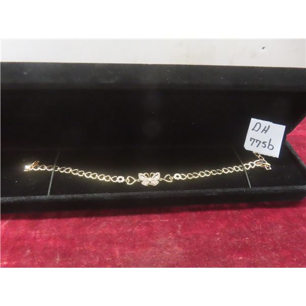 New 18K Gold-Plated Simulated Diamond CZ Heart/Butterfly Bracelet, Adjustable 6.5"-7.5".