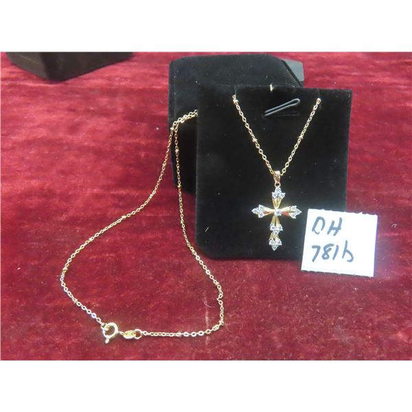 New 18K Gold-Plated 32.0 mm Cubic Zirconia Cross Necklace With 17" Chain.
