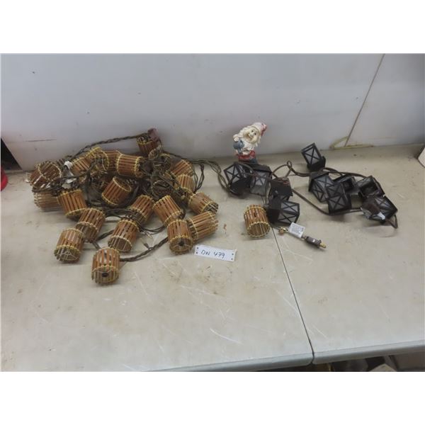 2 Sets Of Patio Lights, Garden Gnome, Water Fountain, Dog Bowl, And Corona Pail.