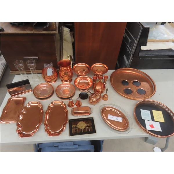 Copper Servingware - Pitcher, Candle Holders, Salt And Pepper, Butter Dish, And More.