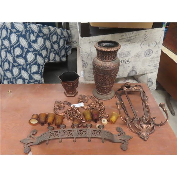 Coppercraft Wall Display Candle Holders And A 19" Floor Vase.