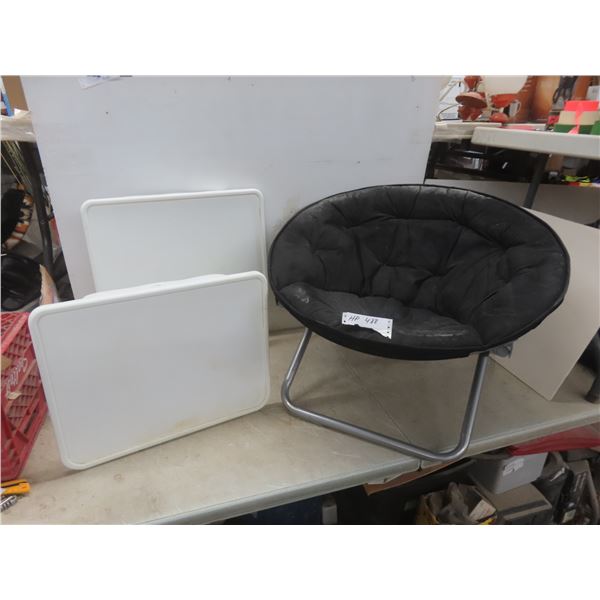 Folding Moon Chair And 2 Folding Adjustable Tables.