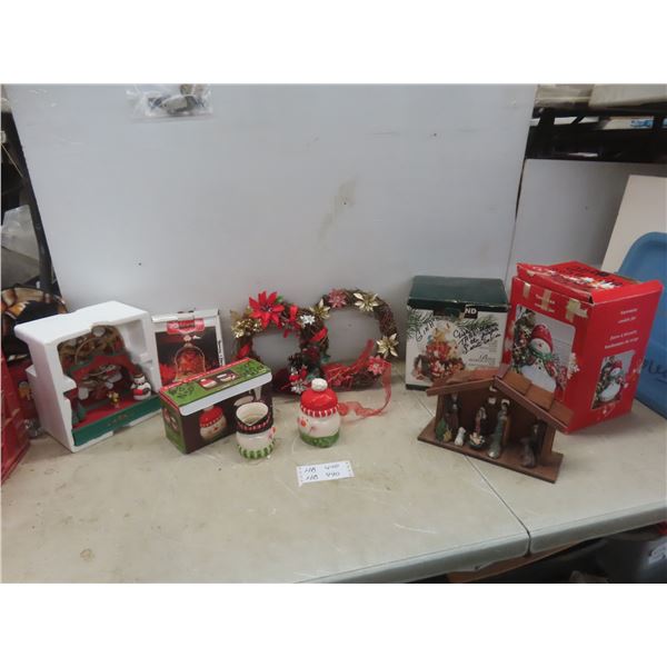 Assorted Christmas Decor - Musical Winter Globe, Snowman Cookie Jar, Welcome Sign, And Tote.