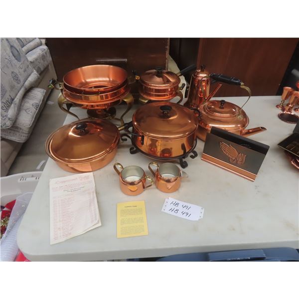Coppercraft Cooking And Serving Ware - Kettle, Coffee Pot, And Napkin Holder.