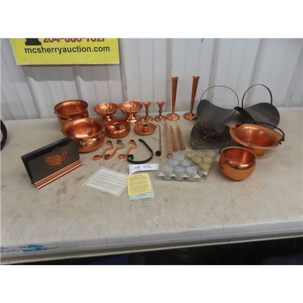 Copper Decor - Candle Holders, Napkin Holder, And Planters.