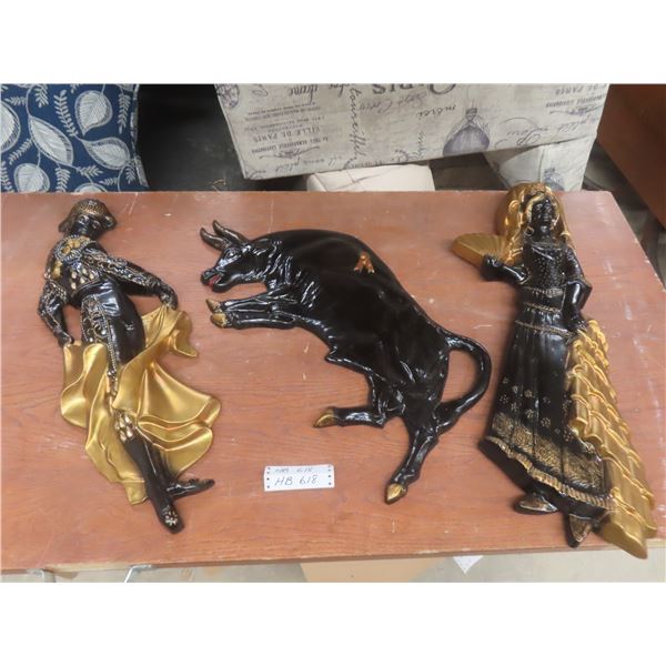 3 Markscraft Spanish-Theme Wall Plaques - Matador, Bull, And Senorita; 1950s-60s; Tallest 31".