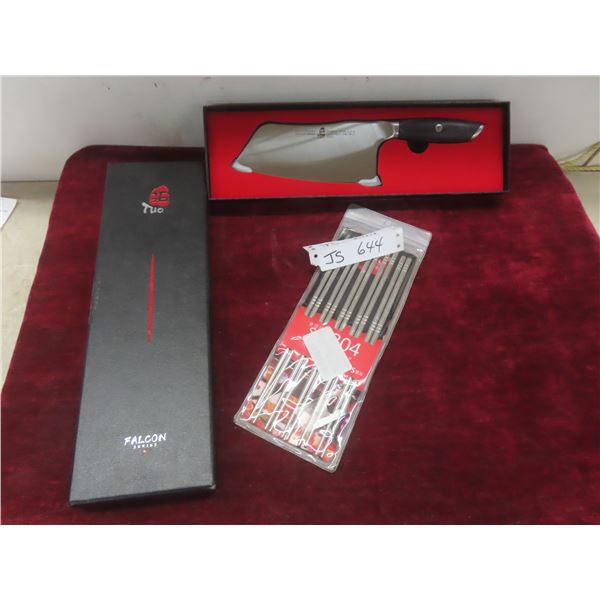 Two Cutlery 7" Cleaver (New) And A Set Of Metal Chopsticks.
