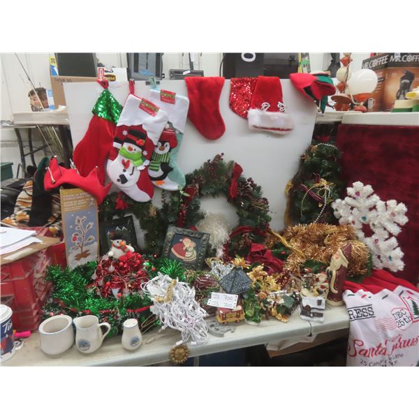 Assorted Christmas Decorations - Wreaths, Stockings, Garland Lights, Tree Ornaments, And Shelf