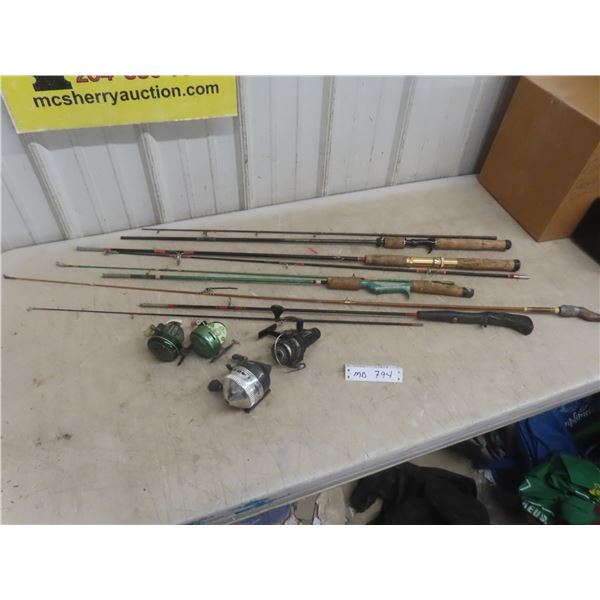 5 Fishing Rods And 4 Vintage Reels - Johnson Century 100A/100B, Zebco 404LE, And Sigma 035 Pro.